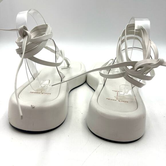 Black Suede Studio Callie Leather Platforms White Leather Thong Wrap Sandals - Picture 7 of 9